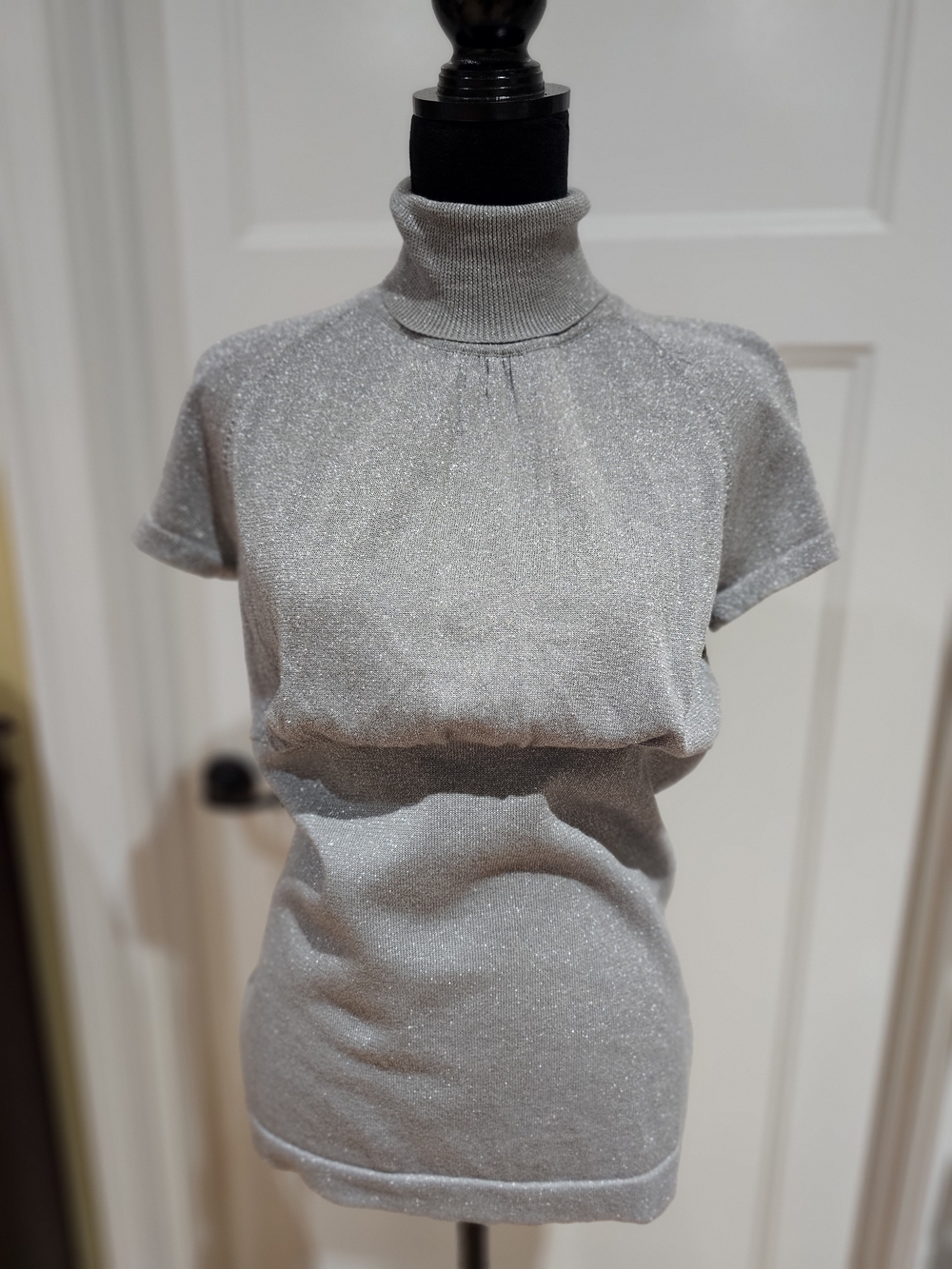Silver Metallic Short-Sleeve Turtleneck Top